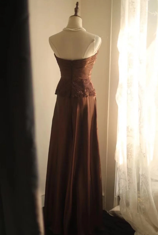 Brown strapless, fitted waist, pleated, straight long ball gown R6795