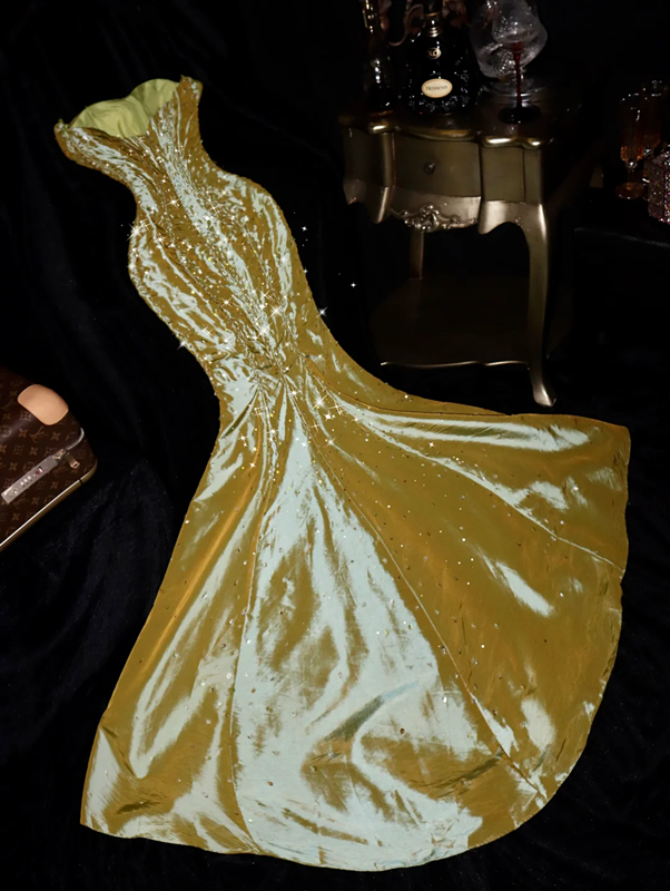 Gold strapless fitted mermaid long ball gown R6995