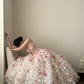 Pink floral one‑shoulder, waist‑cinched, full‑skirted long prom dress R7981