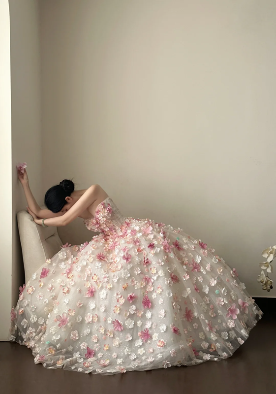 Pink floral one‑shoulder, waist‑cinched, full‑skirted long prom dress R7981
