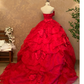 Red Strapless Waist-Cinched Puffball Skirt Floor-Length Ball Gown, Bridal Gown R7361