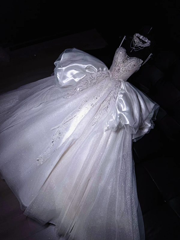 White suspender diamond waist slim fit puffy skirt long dress bridal dress R5722