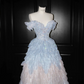 Blue and pink stitching one-shoulder waisted A-line sequined maxi dress, prom dress R5645