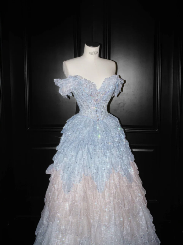 Blue and pink stitching one-shoulder waisted A-line sequined maxi dress, prom dress R5645