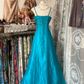 Peacock blue halter-neck, fitted A-line long dress, prom dress R6316