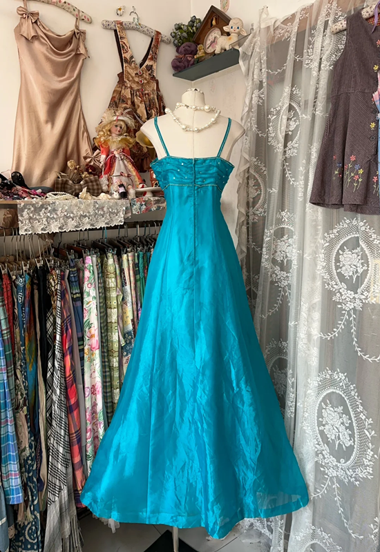 Peacock blue halter-neck, fitted A-line long dress, prom dress R6316
