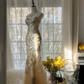 Light champagne gold strapless fitted waist bodycon long ball gown R7711