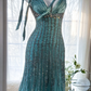 Light blue halter-neck fitted waist sexy midi-length ball gown R7670