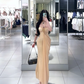 Apricot halter neck sexy fitted waist long ball gown R7902