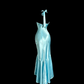 Light blue halter neck, fitted waist, sexy fishtail long ball gown R6636