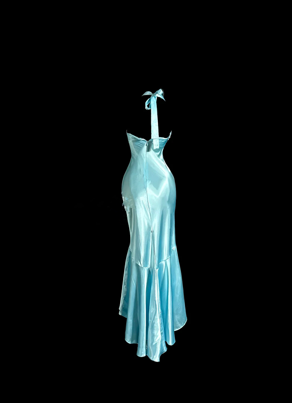 Light blue halter neck, fitted waist, sexy fishtail long ball gown R6636