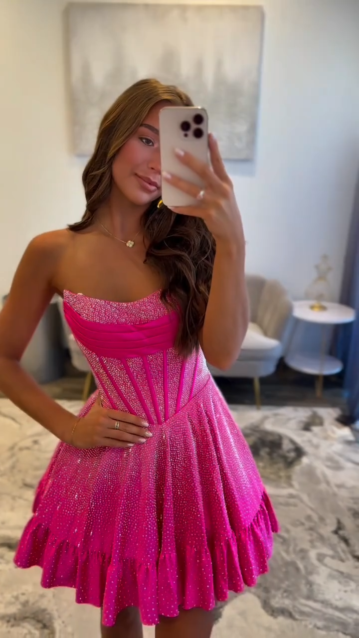 Rose Red Strapless Waisted Fishbone Sexy Short Skirt Homecoming Dress R5564