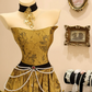 Golden strapless waist-cinching sexy long elegant prom dress R7942