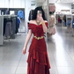 Red off-shoulder fitted waist slim-fitting tiered skirt long ball gown R7782