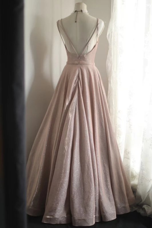 Pink halter-neck fitted A-line elegant prom dress R6755