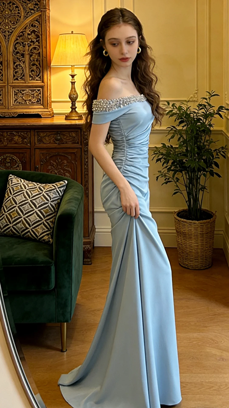 Light blue off-the-shoulder rhinestone-embellished fitted mermaid skirt elegant ball gown R8608