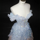 Blue and pink stitching one-shoulder waisted A-line sequined maxi dress, prom dress R5645