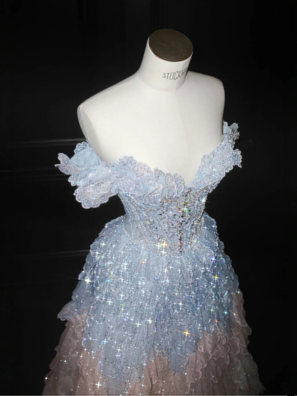 Blue and pink stitching one-shoulder waisted A-line sequined maxi dress, prom dress R5645