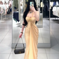 Apricot halter neck sexy fitted waist long ball gown R7902