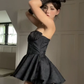 Black tube top slim waist A-line short skirt homecoming dress R5604