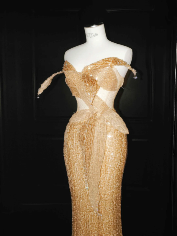 Orange sequined tube top with slim waist and hip-hugging sexy skirt, prom dress R5681
