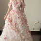 Pink floral one‑shoulder, waist‑cinched, full‑skirted long prom dress R7981