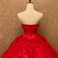 Red Strapless Waist-Cinched Puffball Skirt Floor-Length Ball Gown, Bridal Gown R7361