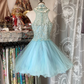 Light blue sleeveless lace bodice and fluffy short skirt, a ball gown R6276