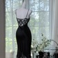 Black halter-neck fitted bodycon long ball gown R7631