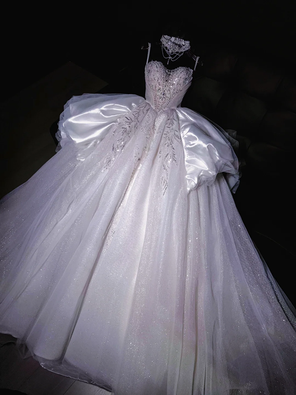 White suspender diamond waist slim fit puffy skirt long dress bridal dress R5722