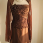 Brown strapless, fitted waist, pleated, straight long ball gown R6795