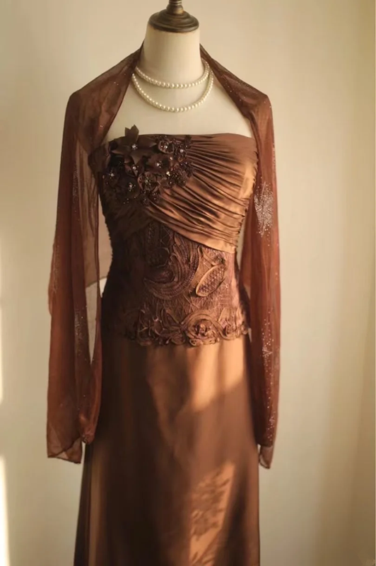 Brown strapless, fitted waist, pleated, straight long ball gown R6795