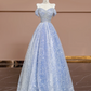Light blue halter-neck off-the-shoulder fitted long ball gown, bridal dress R8363