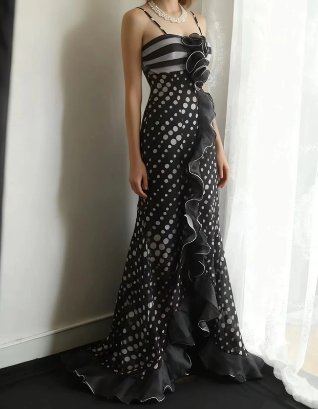 Black polka dot padded waist fitted long ball gown R6716