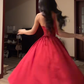 Red halter-neck, fitted waist, full skirt, long ball gown R7555