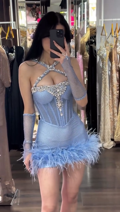 Blue halter neck slim waist hip sexy design short skirt homecoming dress R5485