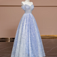 Light blue halter-neck off-the-shoulder fitted long ball gown, bridal dress R8363