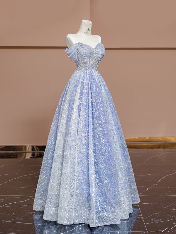 Light blue halter-neck off-the-shoulder fitted long ball gown, bridal dress R8363