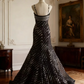 Black polka dot padded waist fitted long ball gown R6716