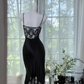 Black halter-neck fitted bodycon long ball gown R7631