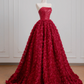 Red strapless, fitted waist, full-skirted, rose-patterned long elegant ball gown/bridal dress R8220