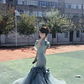 Gray-blue off-shoulder fitted waist bodycon mermaid long ball gown R8699