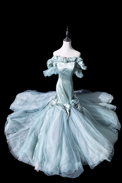 Gray-blue off-shoulder fitted waist bodycon mermaid long ball gown R8699