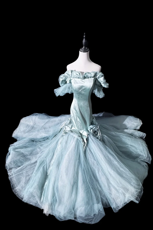 Gray-blue off-shoulder fitted waist bodycon mermaid long ball gown R8699