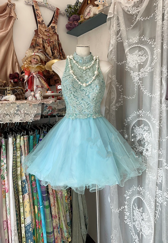 Light blue sleeveless lace bodice and fluffy short skirt, a ball gown R6276
