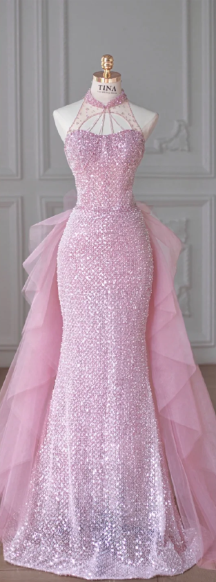 Pink halterneck sleeveless sequined waist slim hip long ball gown bridal gown R5876