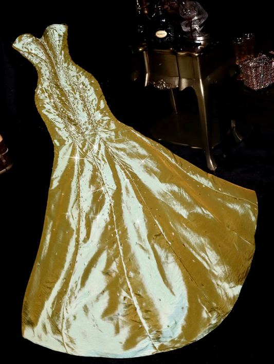 Gold strapless fitted mermaid long ball gown R6995