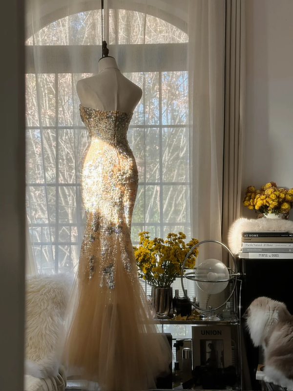 Light champagne gold strapless fitted waist bodycon long ball gown R7711