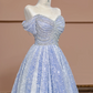Light blue halter-neck off-the-shoulder fitted long ball gown, bridal dress R8363