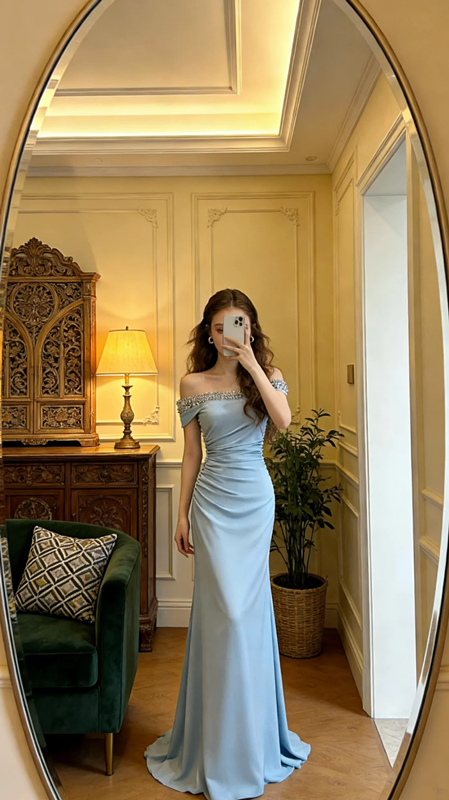 Light blue off-the-shoulder rhinestone-embellished fitted mermaid skirt elegant ball gown R8608